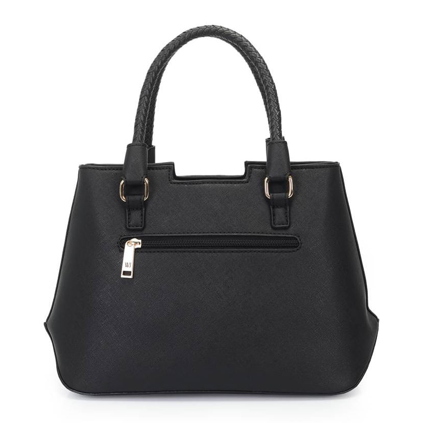 Parte traseira da bolsa feminina preta WJ com bolso externo e alça trançada